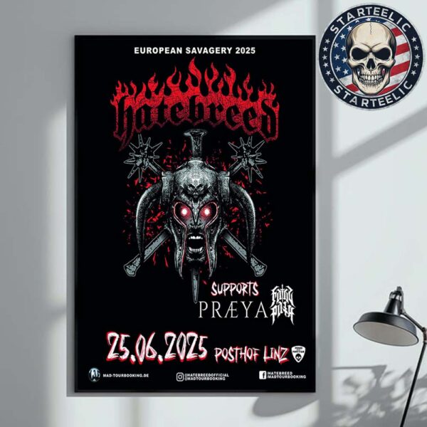 Hatebreed European Savagery Tour 2025 Event Poster At Posthof Zeitkultur Am Hafen In Linz Austria On June 25th 2025 Home Decor Poster Canvas