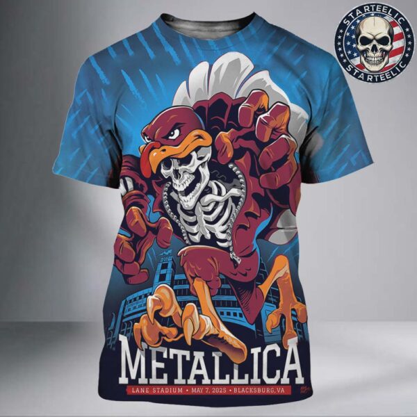 Metallica M72 Virginia Tech 2025 Tonight Poster At Lane Stadium In Blacksburg Virginia On May 7 2025 Skeleton Mascot HokieBird All Over Print Shirt