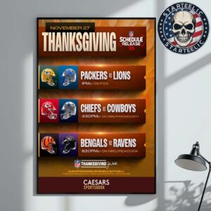Thanksgiving And Football On November 27 2025 NFL Schedule Packers Vs Detroit And Chiefs Vs Dallas And Bengals Vs Ravens Home Decor Poster Canvas