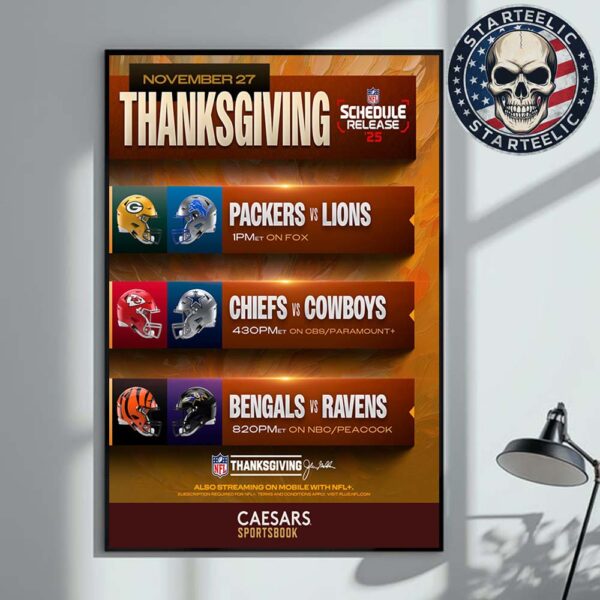 Thanksgiving And Football On November 27 2025 NFL Schedule Packers Vs Detroit And Chiefs Vs Dallas And Bengals Vs Ravens Home Decor Poster Canvas