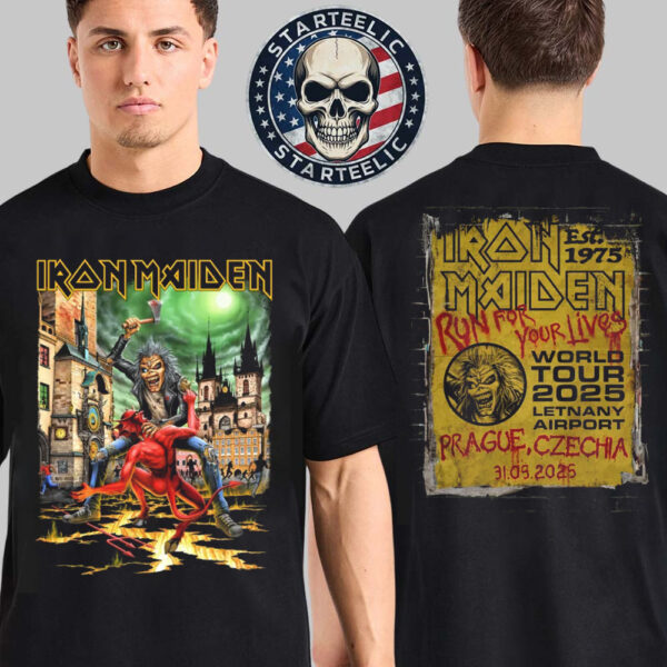 Iron Maiden World Tour 2025 Run For Your Lives 2025 Tour Prague Tee At Letnany Airport In Prague Czechia On May 31 2025 Two Sided Unisex T-Shirt